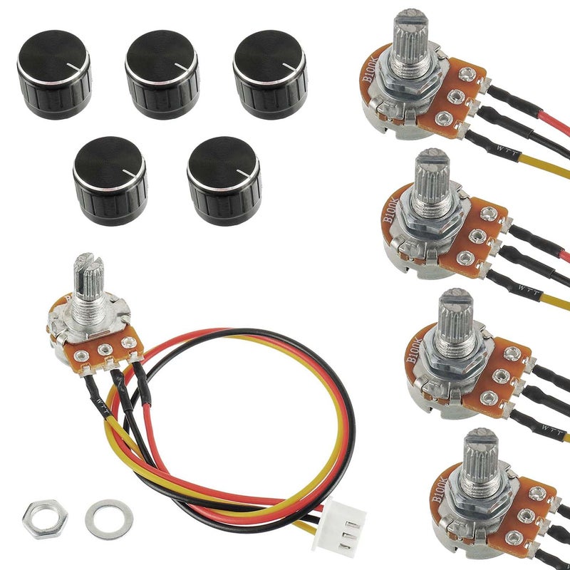 EPLZON 100K Ohm Linear Taper Rotary Potentiometer WH148 with XH2.54-3 Pin Connector Wire Cable and Black Knob Cover Cap(Pack of 5 Pcs) - Image 1